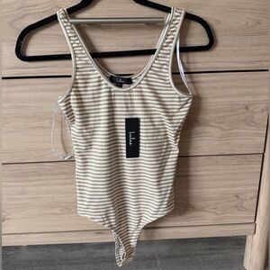 Lulu's Beige and White Striped Thong Bodysuit